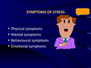 SYMPTOMS OF STRESS Physical symptoms Mental symptoms Behavioural symptoms Emotional symptoms 