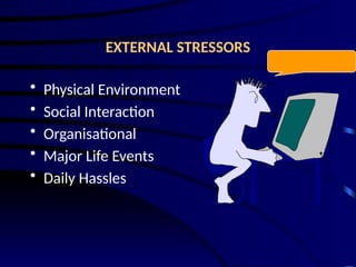 EXTERNAL STRESSORS
• Physical Environment
• Social Interaction
• Organisational
• Major Life Events
• Daily Hassles
 