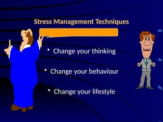 Stress Management Techniques
• Change your thinking
• Change your behaviour
• Change your lifestyle
 