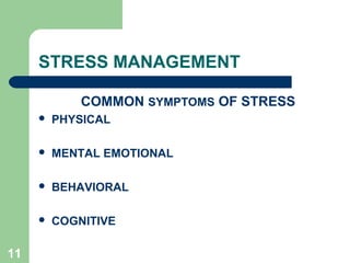 11
STRESS MANAGEMENT
COMMON SYMPTOMS OF STRESS
 PHYSICAL
 MENTAL EMOTIONAL
 BEHAVIORAL
 COGNITIVE
 