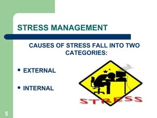 5
STRESS MANAGEMENT
CAUSES OF STRESS FALL INTO TWO
CATEGORIES:
 EXTERNAL
 INTERNAL
 