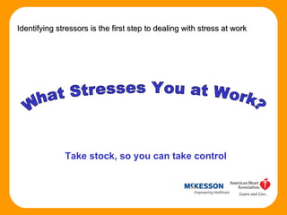 Identifying stressors is the first step to dealing with stress at work What Stresses You at Work? Take stock, so you can take control 