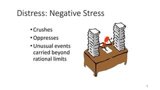 2
Distress: Negative Stress
•Crushes
•Oppresses
•Unusual events
carried beyond
rational limits
 