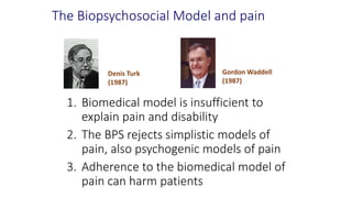 1. Biomedical model is insufficient to
explain pain and disability
2. The BPS rejects simplistic models of
pain, also psychogenic models of pain
3. Adherence to the biomedical model of
pain can harm patients
Denis Turk
(1987)
Gordon Waddell
(1987)
The Biopsychosocial Model and pain
 