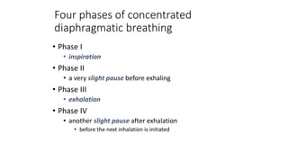 Four phases of concentrated
diaphragmatic breathing
• Phase I
• inspiration
• Phase II
• a very slight pause before exhaling
• Phase III
• exhalation
• Phase IV
• another slight pause after exhalation
• before the next inhalation is initiated
 