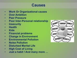 Causes
• Work Or Organizational causes
• Over Ambition
• Peer Pressure
• Poor Inter-Personal relationship
• Insecurity
• Health
• Kids
• Financial problems
• Change in Environment
• Environmental Pollution
• Noise Pollution
• Disturbed Marital Life
• High Cost of Living
• Just a habit ! And many more …
 