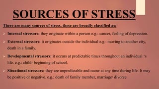 SOURCES OF STRESS
There are many sources of stress, these are broadly classified as:
 Internal stressors: they originate within a person e.g.: cancer, feeling of depression.
 External stressors: it originates outside the individual e.g.: moving to another city,
death in a family.
 Developmental stressors: it occurs at predictable times throughout an individual ‘s
life. e.g.: child- beginning of school.
 Situational stressors: they are unpredictable and occur at any time during life. It may
be positive or negative. e.g.: death of family member, marriage/ divorce.
 