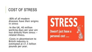 COST OF STRESS
o80% of all modern
diseases have their origins
in stress
oIn the UK, 40 million
working days per year are
lost directly from stress -
related illness.
oCosts in absenteeism to
British industry is
estimated at £1.5 billion
pounds per year.
 