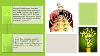 Participative
Decision
Making
By giving these employees a voice in
decisions that directly affect their job
performances, management can increase
employee control and reduce this role
stress.
Job
Redesign
Redesigning jobs to give employees
more responsibility, more meaningful
work, more autonomy, and increased
feedback can reduce stress, because
these factors give the employee greater
control over work activities and lessen
dependence on others.
 