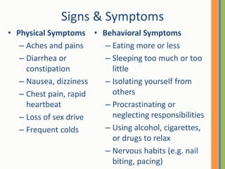 Signs & SymptomsPhysical SymptomsAches and painsDiarrhea or constipationNausea, dizzinessChest pain, rapid heartbeatLoss of sex drive Frequent colds Behavioral SymptomsEating more or lessSleeping too much or too littleIsolating yourself from othersProcrastinating or neglecting responsibilitiesUsing alcohol, cigarettes, or drugs to relaxNervous habits (e.g. nail biting, pacing) 