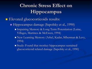 Chronic Stress Effect on
           Hippocampus
Elevated glucocorticoids results:
  Hippocampus damage (Sapolsky et al., 1990)
     Impairing Memory & Long Term Potentiation (Luine,
     Villages, Martinex & McEwen, 1994)
     New Learning Memory (Arbel, Kadar, Silberman & Levy,
     1994)
     Study: Found that monkey hippocampus sustained
     glucocorticoid related damage (Sapolsky et al., 1990)
 