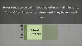 Internal External
Positive
Tough
Nut
Merry
Martyr
Negative
Silent
Sufferer
StressBehaviors
Pros: Tends to be calm. Good at letting small things go.
Cons: Often internalizes stress until they have a melt
down.
 