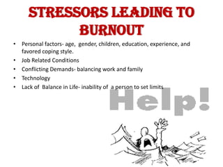 STRESSORS LEADING TO
           BURNOUT
• Personal factors- age, gender, children, education, experience, and
  favored coping style.
• Job Related Conditions
• Conflicting Demands- balancing work and family
• Technology
• Lack of Balance in Life- inability of a person to set limits
 