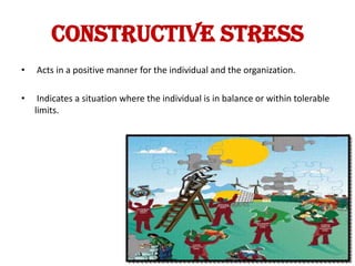 CONSTRUCTIVE STRESS
•   Acts in a positive manner for the individual and the organization.

•    Indicates a situation where the individual is in balance or within tolerable
    limits.
 