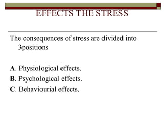 EFFECTS THE STRESS
The consequences of stress are divided into
3positions
A. Physiological effects.
B. Psychological effects.
C. Behaviourial effects.
 