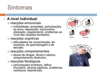 Sintomas
   A nível individual:
       reacções emocionais
           irritabilidade, ansiedade, perturbações
            do sono, depressão, hipocondria,
            alienação, esgotamento, problemas ao
            nível das relações familiares;
       reacções cognitivas
           dificuldades de concentração, de
            memória, de aprendizagem e de
            decisão
       reacções comportamentais
           abuso de drogas, álcool e tabaco;
            comportamento destrutivo
       reacções fisiológicas
           perturbações lombares, défice
            imunitário, úlceras pépticas, problemas
            cardíacos, hipertensão
 
