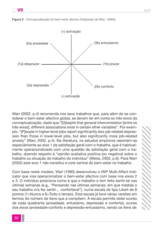 CAVII spmt 
Figura 3 - Conceptualização do bem-estar afectivo (Adaptado de Warr, 1990b) 
(2a) ansiedade 
(1a) desprazer 
50 
(+) activação 
(-) activação 
(3b) entusiasmo 
(1b) prazer 
(3a) depressão (2b) conforto 
Warr (2002, p.4) recomenda nos seus trabalhos que, para além de se con-siderar 
o bem-estar afectivo global, se devem ter em conta os três eixos da 
conceptualização, dado que “[D]espite that general intercorrelation [entre os 
três eixos], different associations exist in certain other variables”. Por exem-plo, 
“[P]eople in higher-level jobs report significantly less job-related depres-sion 
than those in lower-level jobs, but also significantly more job-related 
anxiety” (Warr, 2002, p.4). Na literatura, os estudos empíricos reportam-se 
especialmente ao eixo 1 da satisfação geral com o trabalho, que é habitual-mente 
operacionalizado com uma questão de satisfação geral com o tra-balho, 
dizendo respeito à “opinião avaliativa positiva (ou negativa) sobre o 
trabalho ou situação de trabalho do indivíduo” (Weiss, 2002, p.6). Para Warr 
(2002) este eixo 1 não constitui o core central do bem-estar no trabalho. 
Com base neste modelo, Warr (1990) desenvolveu o IWP Multi-Affect Indi-cator 
que visa operacionalizar o bem-estar afectivo com base nos eixos 2 
e 3. O indivíduo posiciona como é que o trabalho o tem feito sentir-se nas 
últimas semanas (e.g., “Pensando nas últimas semanas, em que medida o 
seu trabalho o/a fez sentir… confortável”), numa escala de tipo Likert de 6 
pontos (1=Nunca a 6=Todo o tempo). Esta escala já teve várias versões em 
termos do número de itens que a compõem. A escala permite obter scores 
de cada quadrante (ansiedade, entusiamo, depressão e conforto), scores 
dos eixos (ansiedade-conforto e depressão-entusiasmo, sendo os itens de 
 
