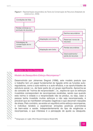 spmt CAVII 
CA 
Figura 4 - Representação esquemática da Teoria da Conservação de Recursos (Adaptado de 
63 
Llorens et al., 2009) 
Condições de Vida 
Perdas crónicas ou 
pontuais de recursos 
Ganhos secundários 
Reservas/ novos de 
recursos 
Perdas secundárias 
Desinvestimento/ 
perda de recursos 
Adaptação com êxito 
Adaptação sem êxito 
Estratégias de 
conservação de re-cursos 
Modelos de Ajuste-Desajuste 
Modelo de Desequilíbrio Esforço-Recompensa 8 
Desenvolvido por Johannes Siegrist (1996), este modelo postula que 
o trabalho tem um papel fundamental de ligação entre as funções auto-reguladoras, 
como a auto-estima e a auto-eficácia, e as oportunidades de 
estrutura social, i.e., de fazer parte de um grupo significante. Aproxima-se 
do conceito de “norma de reciprocidade”, i.e., espera-se que os esforços 
investidos correspondam às recompensas recebidas, sendo que quando 
esta norma é violada e a reciprocidade não se produz, ou seja, caso a 
pessoa tenha investido muitos esforços e não seja recompensada, é 
provável que se manifestem emoções negativas e que decorram reacções 
de stress. Pelo contrário, se existe um equilíbrio entre esforço-recompensa, 
o indivíduo tenderá a experienciar emoções positivas promotoras 
de bem-estar e saúde. Independentemente do tipo de exigências e 
recompensas, o que interessa é a percepção de ajuste ou desajuste. 
8 Designação em inglês: Effort-Reward Imbalance Model (ERI) 
 