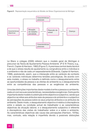 CAVII spmt 
Figura 6 - Representação esquemática do Modelo de Stress Organizacional de Michigan 
Caracteristicas 
objectivas 
66 
Situação 
de trabalho 
percebida 
Reacção de 
stress 
Doença 
Características 
pessoais 
Caracteristicas 
pessoais 
Le Blanc e colegas (2000) referem que o modelo geral de Michigan é 
precursor da Teoria de Ajustamento Pessoa-Ambiente (P-E fit Theory; e.g., 
French, Caplan & Harrison, 1982) (Figura 7). A premissa central desta teoria é 
a de que o stress resulta do ajustamento ou congruência entre o indivíduo e 
o ambiente e não de cada um separadamente (Edwards, Caplan & Harrison, 
1998), postulando, assim, que a interacção entre as variáveis de contexto 
e as variáveis individuais determina tensões psicológicas. De acordo com 
este modelo, o stress no trabalho é definido como o desajustamento entre 
as oportunidades da pessoa e as ofertas do ambiente ou o desajustamento 
entre as competências das pessoas e as exigências do ambiente. 
Uma das distinções importantes deste modelo é entre a pessoa e o ambiente, 
cada um com as suas características, necessidades e exigências. Outro ponto 
importante deste modelo é a distinção entre objectivo e subjectivo, sendo que 
objectivo se refere aos atributos reais da pessoa e do ambiente e o subjectivo 
às percepções da pessoa sobre os seus próprios atributos e os atributos da 
ambiente. Deste modo, o desajustamento objectivo é relativo à discrepância 
entre o estado ou condição actual do trabalhador e as características 
objectivas da situação laboral, e o desajustamento subjectivo é referente 
à discrepância das visões do trabalhador sobre si e sobre o ambiente. 
As características objectivas são causa das percepções (Harrison, 1978a), 
mas, contudo, esta relação é imperfeita devido a possíveis distorções 
 