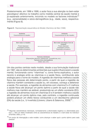 CAVII spmt 
Posteriormente, em 1996 e 1998, o autor foca a sua atenção no bem-estar 
psicológico/ afectivo no trabalho como medida central da saúde mental e 
já explanado anteriormente, incluindo no modelo os factores individuais13 
(e.g., personalidade) e sócio-demográficos (e.g., idade, sexo), respectiva-mente 
Um dos pontos centrais neste modelo, desde a sua formulação tradicional 
em 1987, são os determinantes ambientais que supõe influenciarem a saúde 
mental, funcionando como “vitaminas” e, como forma explicativa, o autor 
recorre à analogia entre as vitaminas e a saúde física, contribuindo esta 
analogia para o nome do modelo. A ingestão de vitaminas melhora a saúde 
física das pessoas até determinado ponto, a partir do qual a ingestão da 
vitamina mantém constante a saúde ou, em excesso, começa a deteriorar 
a saúde. Por exemplo, a ingestão de alimentos com vitamina E e C melhora 
a saúde física até alcançar um ponto óptimo a partir do qual a saúde não 
melhora mas mantém-se estável, produzindo-se um efeito constante (EC); 
a ingestão de alimentos ricos em vitaminas D e A também melhora a saúde 
até alcançar um ponto óptimo mas, pelo contrário, a ingestão continuada 
poderá produzir um efeito tóxico conduzindo a um decréscimo adicional 
(DA) da saúde (i.e., U invertido) (Llorens, Líbano & Salanova, 2009)14 . 
70 
(Figura 9). 
Figura 9 - Representação esquemática do Modelo Vitamínico de Warr (1998) 
Ambiente 
Características do trabalho 
Bem-estar no trabalho 
Prazer-desprazer 
Ansiedade-conforto 
Depressão-entusiasmo 
Ambiente 
Características do não-trabalho 
Bem-estar psicológico livre de 
contexto 
Prazer-desprazer 
Ansiedade-conforto 
Depressão-entusiasmo 
Factores individuais 
(Disposições afectivas, preferencias, competências, etc.) 
Factores sócio-demográficos 
(idade, sexo, etc.) 
“Algumas características individuais, nomeadamente a afectividade negativa e a afectividade posi-tiva 
(…) têm um efeito moderador entre as características do trabalho e o bem-estar do indivíduo” 
(Chambel, 2005, p.114) 
Um ponto de interrogação a este modelo: como alcançar e saber qual o ponto óptimo para cada 
pessoa? 
13 
14 
 