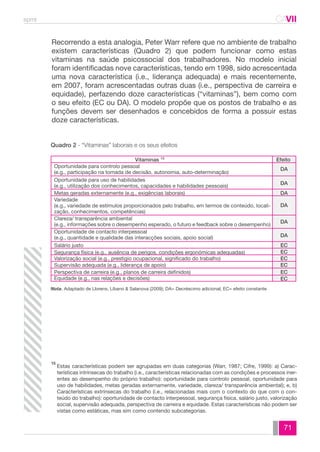spmt CAVII 
CA 
Recorrendo a esta analogia, Peter Warr refere que no ambiente de trabalho 
existem características (Quadro 2) que podem funcionar como estas 
vitaminas na saúde psicossocial dos trabalhadores. No modelo inicial 
foram identificadas nove características, tendo em 1998, sido acrescentada 
uma nova característica (i.e., liderança adequada) e mais recentemente, 
em 2007, foram acrescentadas outras duas (i.e., perspectiva de carreira e 
equidade), perfazendo doze características (“vitaminas”), bem como com 
o seu efeito (EC ou DA). O modelo propõe que os postos de trabalho e as 
funções devem ser desenhados e concebidos de forma a possuir estas 
doze características. 
71 
Quadro 2 - “Vitaminas” laborais e os seus efeitos 
Vitaminas 15 Efeito 
DA 
DA 
DA 
DA 
DA 
DA 
EC 
EC 
EC 
EC 
EC 
EC 
Oportunidade para controlo pessoal 
(e.g., participação na tomada de decisão, autonomia, auto-determinação) 
Oportunidade para uso de habilidades 
(e.g., utilização dos conhecimentos, capacidades e habilidades pessoais) 
Metas geradas externamente (e.g., exigências laborais) 
Variedade 
(e.g., variedade de estímulos proporcionados pelo trabalho, em termos de conteúdo, locali-zação, 
conhecimentos, competências) 
Clareza/ transparência ambiental 
(e.g., informações sobre o desempenho esperado, o futuro e feedback sobre o desempenho) 
Oportunidade de contacto interpessoal 
(e.g., quantidade e qualidade das interacções sociais, apoio social) 
Salário justo 
Segurança física (e.g., ausência de perigos, condições ergonómicas adequadas) 
Valorização social (e.g., prestigio ocupacional, significado do trabalho) 
Supervisão adequada (e.g., liderança de apoio) 
Perspectiva de carreira (e.g., planos de carreira definidos) 
Equidade (e.g., nas relações e decisões) 
Nota. Adaptado de Llorens, Líbano & Salanova (2009); DA= Decréscimo adicional; EC= efeito constante 
Estas características podem ser agrupadas em duas categorias (Warr, 1987; Cifre, 1999): a) Carac-terísticas 
intrínsecas do trabalho (i.e., características relacionadas com as condições e processos iner-entes 
ao desempenho do próprio trabalho): oportunidade para controlo pessoal, oportunidade para 
uso de habilidades, metas geradas externamente, variedade, clareza/ transparência ambiental); e, b) 
Características extrínsecas do trabalho (i.e., relacionadas mais com o contexto do que com o con-teúdo 
do trabalho): oportunidade de contacto interpessoal, segurança física, salário justo, valorização 
social, supervisão adequada, perspectiva de carreira e equidade. Estas características não podem ser 
vistas como estáticas, mas sim como contendo subcategorias. 
15 
 