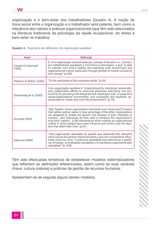 CAVII spmt 
organização e o bem-estar dos trabalhadores (Quadro 4). A noção de 
troca social entre a organização e o trabalhador está patente, bem como a 
relevância dos valores e práticas organizacionais (que têm sido descurados 
na literatura tradicional da psicologia da saúde ocupacional, do stress e 
bem-estar no trabalho). 
Quadro 4 - Exemplos de definições de organização saudável 
Peterson & Wilson, (2002) “To the well-being of the corporate whole” (p.20) 
“[A]s ‘healthy’ those organizations that foster such reciprocal [“It means 
that neither partner seeks to take advantage of the other: organizations 
are designed to enable the growth and develop of their members or 
workers…and individuals do their best to enhance the organization’s 
long-term viability”, p.58] maintenance while creating an organizational 
culture in which people have more influence and control over the deci-sion 
that affect their lives” (p.57). 
Têm sido efectuadas tentativas de estabelecer modelos sistematizadores 
que reflectem as definições referenciadas, assim como as suas variáveis 
chave: cultura (valores) e práticas de gestão de recursos humanos. 
Apresentam-se de seguida alguns destes modelos. 
84 
Autor Definição 
Cooper & Cartwright 
(1994) 
É uma organização caracterizada por sucesso financeiro (i.e., lucros) e 
por trabalhadores saudáveis a nível físico e psicológico, e que “is able 
to maintain over time a healthy and satisfying work environment and 
organizacional culture, particulary through periods of market turbulence 
and change” (p.462) 
Uma organização saudável é “characterized by intentional, systematic, 
and collaborative efforts to maximize employee well-being and pro-ductivity 
by providing well-designed and meaningful jobs, a supportive 
social-organizational environment, and accessible and equitable op-portunities 
for career and work-life enhancement” (p.70) 
“Una organización saludable es aquella que desarrolla tres elements 
clave que se encuentran interconectados y que son mutuamente influy-entes 
unos con otros: 1) prácticas saludables para estructurar y gestio-nar 
el trabajo, 2) empleados saludables y 3) resultados organizacionales 
saludables” (p. 258) 
Vandenberg et al. (2002) 
Schuyler (2004) 
Salanova (2009) 
 