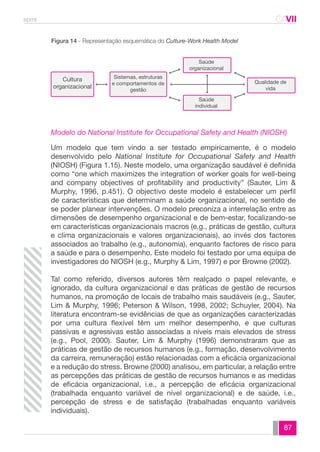 spmt CAVII 
CA 
87 
Figura 14 - Representação esquemática do Culture-Work Health Model 
Cultura 
organizacional 
Sistemas, estruturas 
e comportamentos de 
gestão 
Saúde 
organizacional 
Saúde 
individual 
Qualidade de 
vida 
Modelo do National Institute for Occupational Safety and Health (NIOSH) 
Um modelo que tem vindo a ser testado empiricamente, é o modelo 
desenvolvido pelo National Institute for Occupational Safety and Health 
(NIOSH) (Figura 1.15). Neste modelo, uma organização saudável é definida 
como “one which maximizes the integration of worker goals for well-being 
and company objectives of profitability and productivity” (Sauter, Lim & 
Murphy, 1996, p.451). O objectivo deste modelo é estabelecer um perfil 
de características que determinam a saúde organizacional, no sentido de 
se poder planear intervenções. O modelo preconiza a interrelação entre as 
dimensões de desempenho organizacional e de bem-estar, focalizando-se 
em características organizacionais macros (e.g., práticas de gestão, cultura 
e clima organizacionais e valores organizacionais), ao invés dos factores 
associados ao trabalho (e.g., autonomia), enquanto factores de risco para 
a saúde e para o desempenho. Este modelo foi testado por uma equipa de 
investigadores do NIOSH (e.g., Murphy & Lim, 1997) e por Browne (2002). 
Tal como referido, diversos autores têm realçado o papel relevante, e 
ignorado, da cultura organizacional e das práticas de gestão de recursos 
humanos, na promoção de locais de trabalho mais saudáveis (e.g., Sauter, 
Lim & Murphy, 1996; Peterson & Wilson, 1998, 2002; Schuyler, 2004). Na 
literatura encontram-se evidências de que as organizações caracterizadas 
por uma cultura flexível têm um melhor desempenho, e que culturas 
passivas e agressivas estão associadas a níveis mais elevados de stress 
(e.g., Pool, 2000). Sauter, Lim & Murphy (1996) demonstraram que as 
práticas de gestão de recursos humanos (e.g., formação, desenvolvimento 
da carreira, remuneração) estão relacionadas com a eficácia organizacional 
e a redução do stress. Browne (2000) analisou, em particular, a relação entre 
as percepções das práticas de gestão de recursos humanos e as medidas 
de eficácia organizacional, i.e., a percepção de eficácia organizacional 
(trabalhada enquanto variável de nível organizacional) e de saúde, i.e., 
percepção de stress e de satisfação (trabalhadas enquanto variáveis 
individuais). 
 
