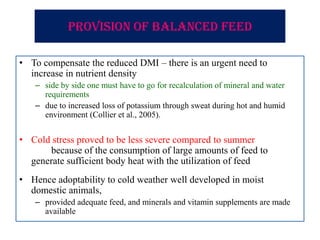 Provision of balanced feed
• To compensate the reduced DMI – there is an urgent need to
increase in nutrient density
– side by side one must have to go for recalculation of mineral and water
requirements
– due to increased loss of potassium through sweat during hot and humid
environment (Collier et al., 2005).
• Cold stress proved to be less severe compared to summer
because of the consumption of large amounts of feed to
generate sufficient body heat with the utilization of feed
• Hence adoptability to cold weather well developed in moist
domestic animals,
– provided adequate feed, and minerals and vitamin supplements are made
available
 
