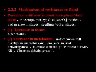 • 2.2.2 Mechanism of resistance to flood
• Resistance is different in plants:hydrophytes>land
plants，rice>rape>barley; O.s...
