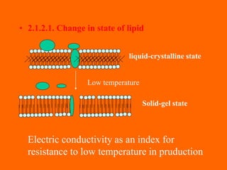 • 2.1.2.1. Change in state of lipid
liquid-crystalline state
Low temperature
Solid-gel state
Electric conductivity as an i...