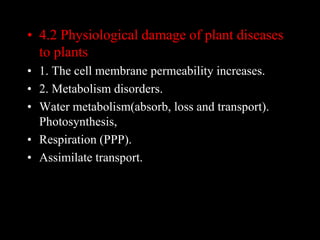 • 4.2 Physiological damage of plant diseases
to plants
• 1. The cell membrane permeability increases.
• 2. Metabolism diso...