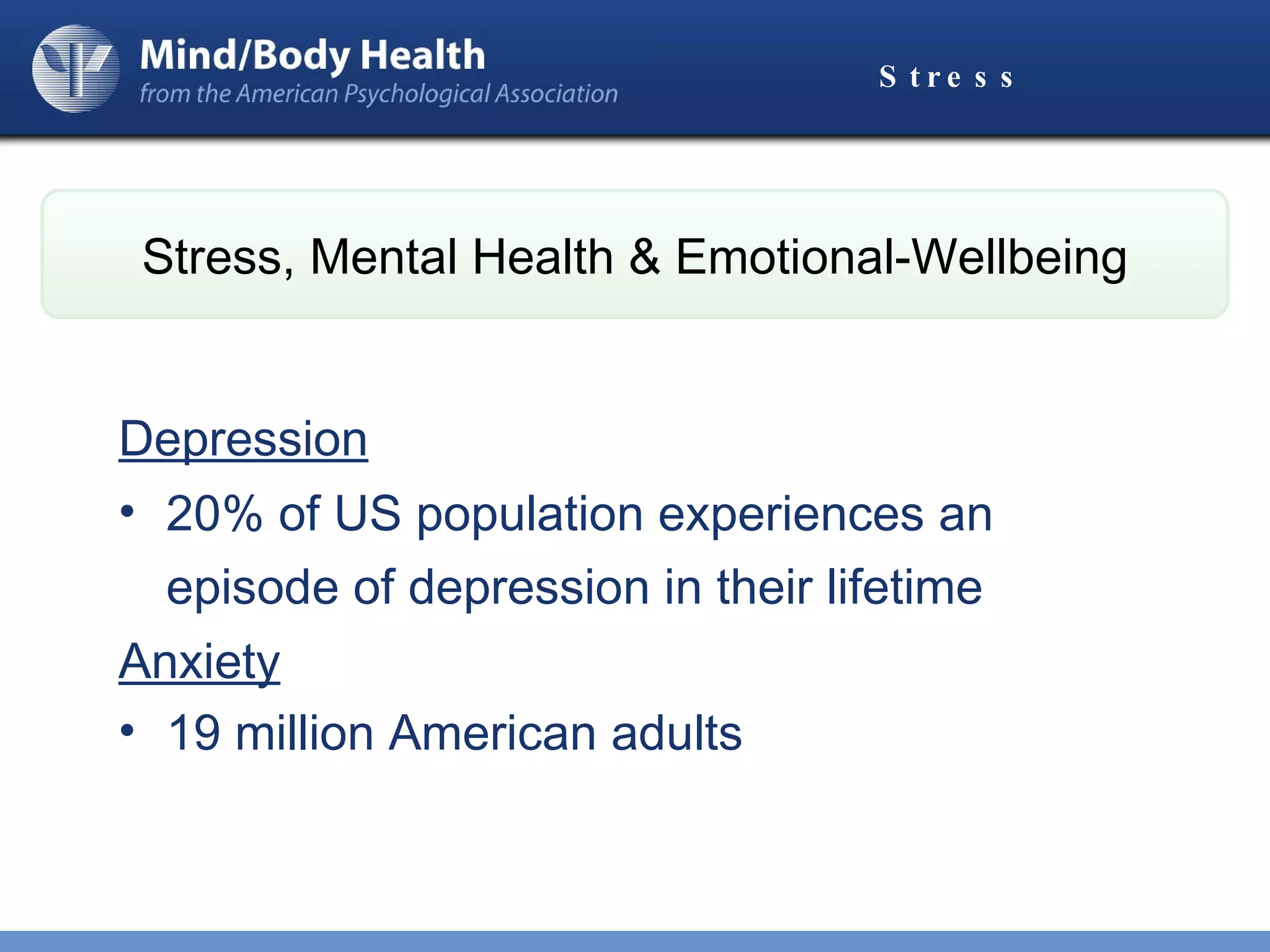 Stress Depression   20% of US population experiences an episode of depression in their lifetime   Anxiety 19 million American adults  Stress, Mental Health & Emotional-Wellbeing 