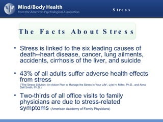 Stress Stress is linked to the six leading causes of death--heart disease, cancer, lung ailments, accidents, cirrhosis of the liver, and suicide 43% of all adults suffer adverse health effects from stress  ("The Stress Solution: An Action Plan to Manage the Stress in Your Life", Lyle H. Miller, Ph.D., and Alma Dell Smith, Ph.D.)  Two-thirds of all office visits to family physicians are due to stress-related symptoms  (American Academy of Family Physicians) The Facts About Stress 