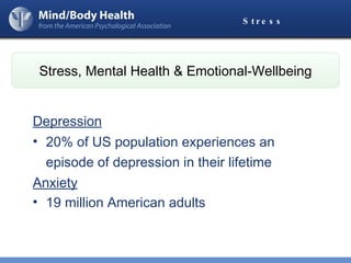 Stress Depression   20% of US population experiences an episode of depression in their lifetime   Anxiety 19 million American adults  Stress, Mental Health & Emotional-Wellbeing 