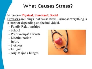 Family Relationships
School
Peer Groups/ Friends
Discrimination
Injury
Sickness
Fatigue
Any Major Changes
Stressors- Physical, Emotional, Social
Stressors are things that cause stress. Almost everything is
a stressor depending on the individual.
What Causes Stress?
 