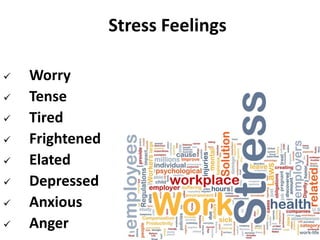  Worry
 Tense
 Tired
 Frightened
 Elated
 Depressed
 Anxious
 Anger
Stress Feelings
 