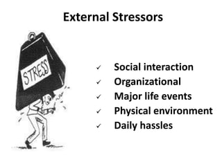 External Stressors
 Social interaction
 Organizational
 Major life events
 Physical environment
 Daily hassles
 