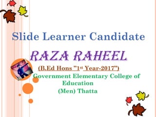 Raza Raheel
(B.Ed Hons ”1st
Year-2017”)
Government Elementary College of
Education
(Men) Thatta
 