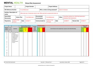 MENTAL HEALTH Stress Risk Assessment
Project Name Project Number Project Address
RA Reference Number To be Referenced Who or what is being assessed? Name of Individual
Activity / Description of
works
Office work only, Construction work on site, Office work with occasional site visits, etc.
Associated
Documents
Action Plan To be Referenced
Documented
Conversation
To be Referenced Other
Prescribed medicine List, DSE Risk Assessment,
Workplace Risk Assessment.
Pepared by
Name of OSH
Advisor
Date DD/MM/YY Communicated to
Name of Line
Manager
Date DD/MM/YY Review Date DD/MM/YY
Ref: Stress Risk Assessment Issue No: 1 / Revision No: 1 Issue Date: January 2020 Page 8 of 9
UNCONTROLLED IF COPIED OR PRINTED
Potentia
l Cause
of stress
Ite
m
No.
Questions
Frequency Rating reflecting
work in the last 6 months
Severity
of the
Stress
impact
(L, M or H)
Initial Risk Rating
Control Measures that might help in reponse to the Initial Risk Rating
Residual Risk
Rating
Never
or
Seldom
(L)
Some-
times
(M)
Often
or
Always
(H)
L M H L M H
F
A
C
T
O
R
S
O
U
T
S
I
D
E
Of
W
O
R
K
33. Do you feel some
personal
circumstances or
any other factors
outside of work
contributes to
your ability to
meet the
demands placed
on you?
 