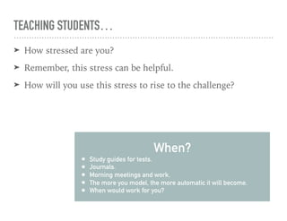 TEACHING STUDENTS…
➤ How stressed are you?
➤ Remember, this stress can be helpful.
➤ How will you use this stress to rise to the challenge?
When?
Study guides for tests.
Journals.
Morning meetings and work.
The more you model, the more automatic it will become.
When would work for you?
 
