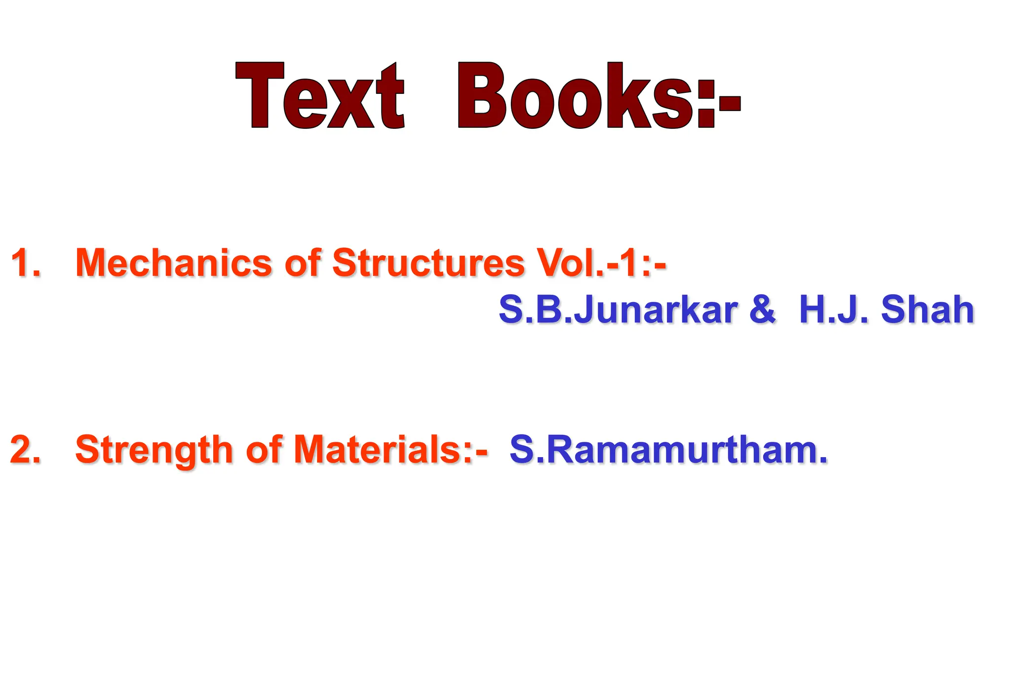 1. Mechanics of Structures Vol.-1:-
S.B.Junarkar & H.J. Shah
2. Strength of Materials:- S.Ramamurtham.
 