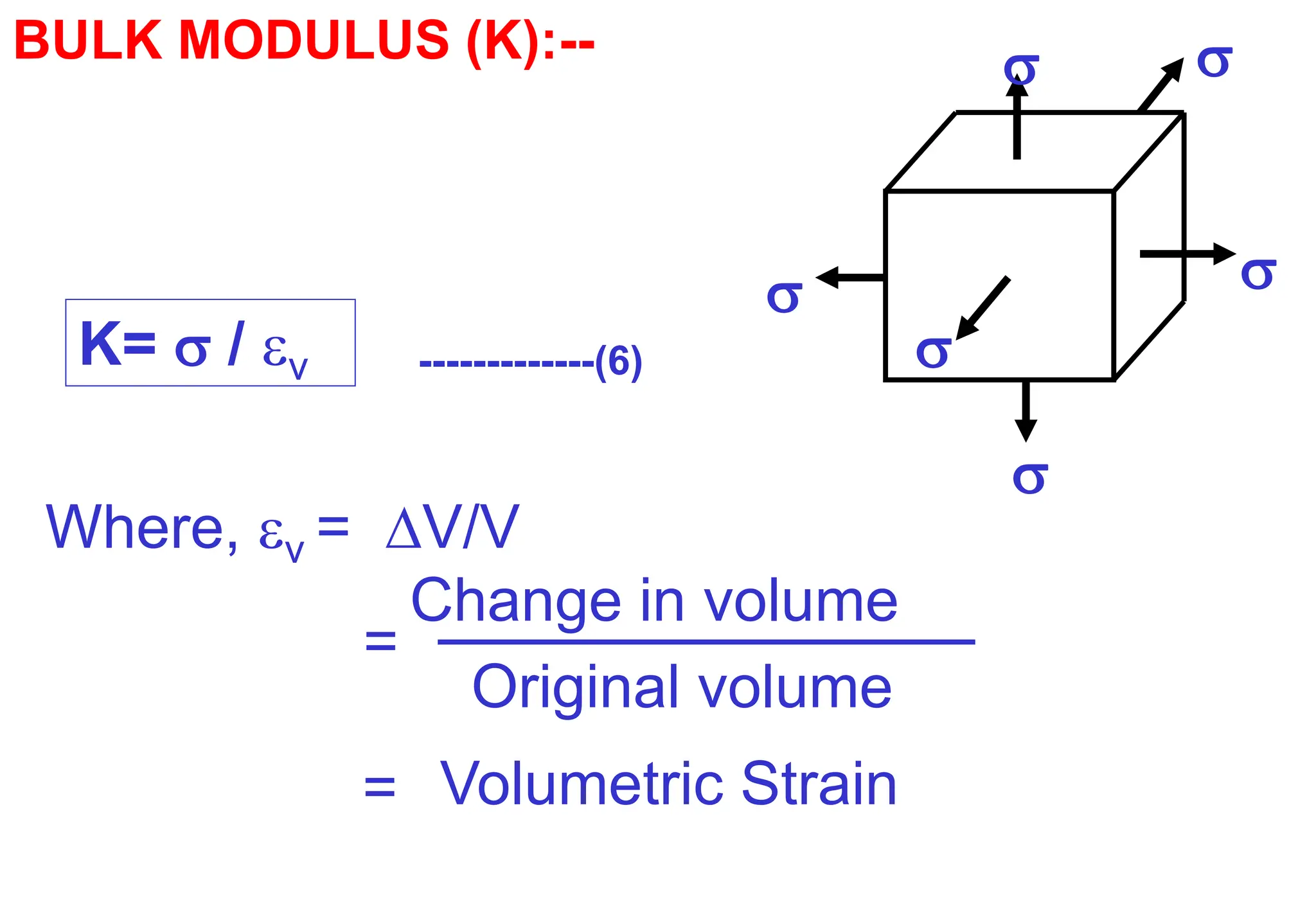 



 
K=  / v
BULK MODULUS (K):--
Where, v = V/V
Change in volume
=
Original volume
Volumetric Strain
=
-------------(6)
 