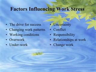 Factors Influencing Work Stress   ,[object Object],[object Object],[object Object],[object Object],[object Object],[object Object],[object Object],[object Object],[object Object],[object Object]