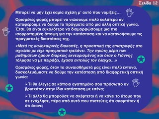 Σελίδα 12
Μπορεί να μην έχει καμία σχέση μ’ αυτό που νομίζεις…
Ορισμένες φορές μπορεί να νιώσουμε πολύ καλύτερα αν
καταφέρουμε να δούμε τα πράγματα από μια άλλη οπτική γωνία.
Έτσι, θα είναι ευκολότερο να διαμορφώσουμε μια πιο
ισορροπημένη άποψη για την κατάσταση και να κατανοήσουμε τις
πραγματικές διαστάσεις της.
«Μετά τις καλοκαιρινές διακοπές, η προοπτική της επιστροφής στο
σχολείο με είχε πραγματικά τρελάνει. Την πρώτη μέρα των
μαθημάτων ήμουν διαρκώς εκνευρισμένος και όταν ο Γιάννης
τόλμησε να με πειράξει, έχασα εντελώς τον έλεγχο…»
Ορισμένες φορές, όταν τα συναισθήματά μας είναι πολύ έντονα,
δυσκολευόμαστε να δούμε την κατάσταση από διαφορετική οπτική
γωνία:
Τι θα έλεγες σε κάποιο αγαπημένο σου πρόσωπο αν
βρισκόταν στην ίδια κατάσταση με εσένα;
Τι άλλο θα μπορούσε να σκέφτεται ή να κάνει το άτομο που
σε ενόχλησε, πέρα από αυτό που πιστεύεις ότι σκεφτόταν ή
ότι έκανε;

 