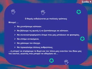 Σελίδα 4

Ο θυμός εκδηλώνεται με πολλούς τρόπους
Μπορεί …
Να χτυπήσουμε κάποιον.
Να βάλουμε τις φωνές ή να ξεσπάσουμε σε κάποιον.
Να συναναστρεφόμαστε άτομα που μας μπλέκουν σε φασαρίες.
Να σπάμε αντικείμενα.
Να χάσουμε τον έλεγχο.
Να προκαλούμε άλλους ανθρώπους.
…ή μπορεί να στρέψουμε το θυμό και τον πόνο μας εναντίον του ίδιου μας
του εαυτού, γεγονός που μπορεί να οδηγήσει σε…

 