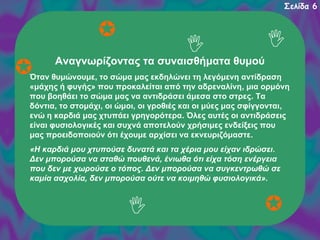 Σελίδα 6

Αναγνωρίζοντας τα συναισθήματα θυμού
Όταν θυμώνουμε, το σώμα μας εκδηλώνει τη λεγόμενη αντίδραση
«μάχης ή φυγής» που προκαλείται από την αδρεναλίνη, μια ορμόνη
που βοηθάει το σώμα μας να αντιδράσει άμεσα στο στρες. Τα
δόντια, το στομάχι, οι ώμοι, οι γροθιές και οι μύες μας σφίγγονται,
ενώ η καρδιά μας χτυπάει γρηγορότερα. Όλες αυτές οι αντιδράσεις
είναι φυσιολογικές και συχνά αποτελούν χρήσιμες ενδείξεις που
μας προειδοποιούν ότι έχουμε αρχίσει να εκνευριζόμαστε.
«Η καρδιά μου χτυπούσε δυνατά και τα χέρια μου είχαν ιδρώσει.
Δεν μπορούσα να σταθώ πουθενά, ένιωθα ότι είχα τόση ενέργεια
που δεν με χωρούσε ο τόπος. Δεν μπορούσα να συγκεντρωθώ σε
καμία ασχολία, δεν μπορούσα ούτε να κοιμηθώ φυσιολογικά».

 