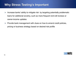 Why Stress Testing’s Important
 Increase banks’ ability to mitigate risk by targeting potentially problematic

loans for additional scrutiny, such as more frequent rent-roll reviews or
owner-income updates
 Provide bank management with clues on how to amend credit policies,

pricing or business strategy based on desired risk profile

10

 