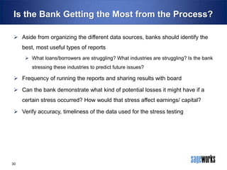 Is the Bank Getting the Most from the Process?
 Aside from organizing the different data sources, banks should identify the

best, most useful types of reports
 What loans/borrowers are struggling? What industries are struggling? Is the bank
stressing these industries to predict future issues?

 Frequency of running the reports and sharing results with board
 Can the bank demonstrate what kind of potential losses it might have if a
certain stress occurred? How would that stress affect earnings/ capital?

 Verify accuracy, timeliness of the data used for the stress testing

30

 