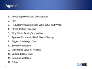 Agenda
1. About Sageworks and Our Speaker
2. Poll
3. Regulatory Requirements: Who, What and When
4. Stress Testing Objective
5. Why Stress Testing’s Important
6. Types of Community Bank Stress Testing
7. Biggest Challenge: Data
8. Scenario Selection
9. Maximizing Value of Reports
10. Sample Stress Tests

11. Common Mistakes
12. Q & A
4

 