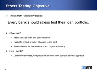 Stress Testing Objective
 Thesis from Regulatory Bodies:

Every bank should stress test their loan portfolio.
 Objective?
 Assess risk by loan and concentration
 Evaluate impact of policy changes in the bank

 Assess needs for the allowance and capital adequacy

 How much?
 Determined by size, complexity of a bank’s loan portfolio and risk appetite

8

 